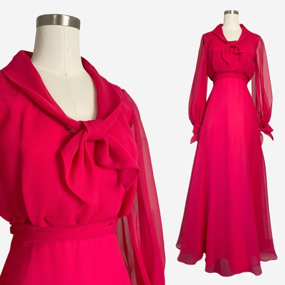 Vintage 60s/70s Mike Benet Pink chiffon long sleeve sheer gown bow mod twee XS